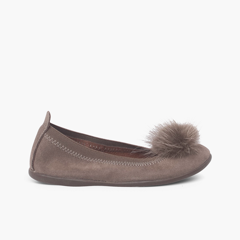 Ballerinas für Mädchen und Damen mit Pompon Mausgrau