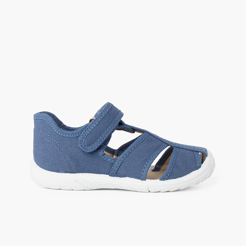 Klassische Babyschuhe Sandale mit Klettverschluss für Jungen mit verstärkter Spitze Jeansblau