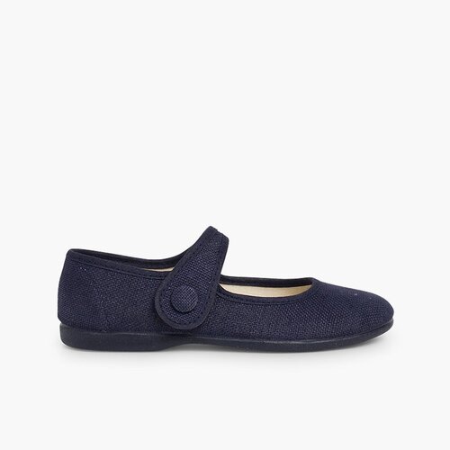 Riemchenballerinas aus Leinen mit Knopf und Klettverschluss Marineblau