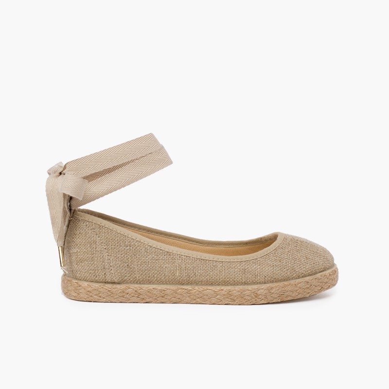 Ballerinas aus Leinen für Mädchen mit Bändern und Jute Beige