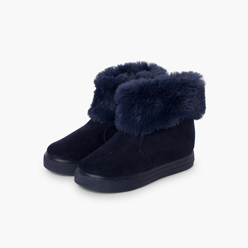 Gummistiefel für Mädchen mit umgeschlagenem Fellkragen und Reißverschluss Marineblau