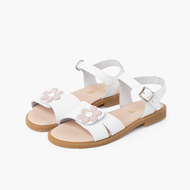 Sandalen mit breitem Haftriemen, Blumenapplikation und Schnallenverschluss Weiß mit rosa Blumen
