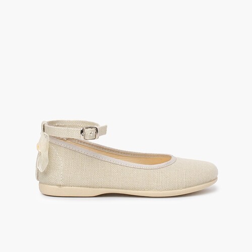 Ballerinas aus Leinen mit Riemchen und Organza-Schleife am Rücken Beige
