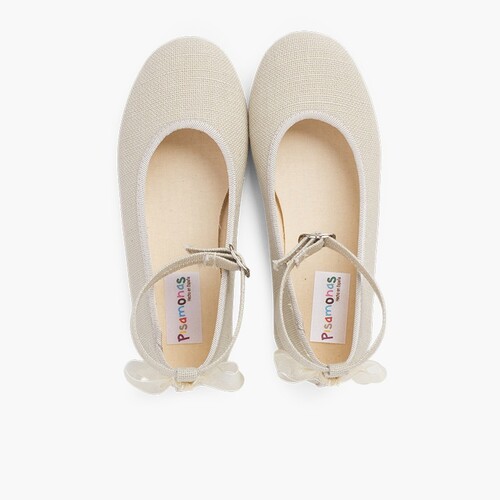 Ballerinas aus Leinen mit Riemchen und Organza-Schleife am Rücken Beige