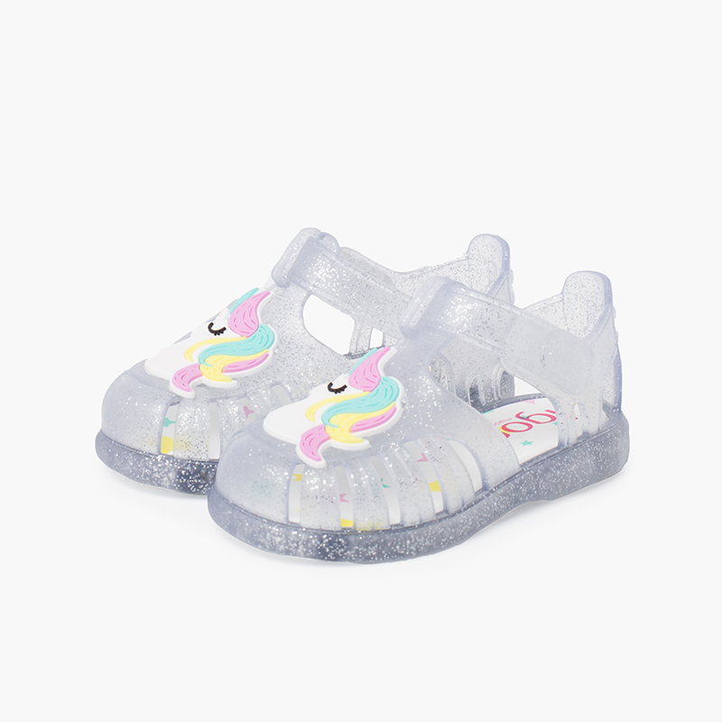 Krabbensandalen Glitter-Unicorn-Design Haftbandverschluss Weiß