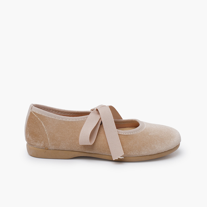 Mary Janes aus Samt mit Faya-Schleife für Mädchen Beige