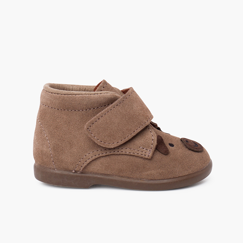 Wildlederstiefel mit Hundeapplikation und Haftbandverschluss Mausgrau