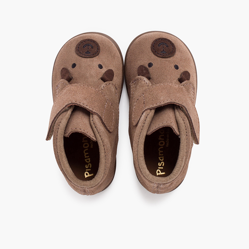 Wildlederstiefel mit Hundeapplikation und Haftbandverschluss Mausgrau