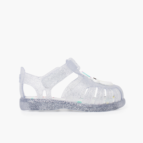 Krabbensandalen Glitter-Unicorn-Design Haftbandverschluss Weiß