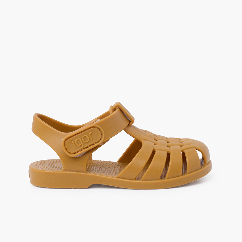 Strandsandalen für Kinder mit Klettverschluss in pudrigen Farben Senf