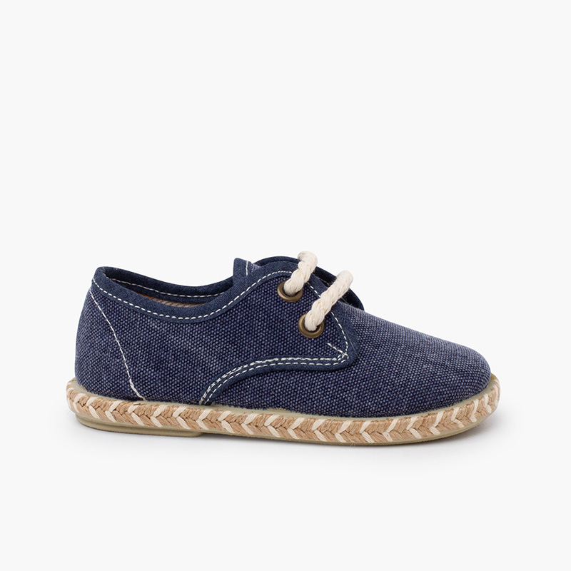 Blucher-Kinderschuhe aus Leinen mit zweifarbiger Jutesohle Marineblau