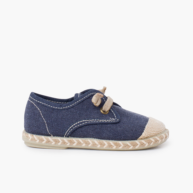 Blucher-Kinderschuhe mit Jutespitze und elastischem Schnürsenkel Marineblau