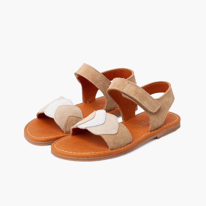 Sandalen aus Veloursleder mit mehrfarbigem Band und Klettverschluss Sand