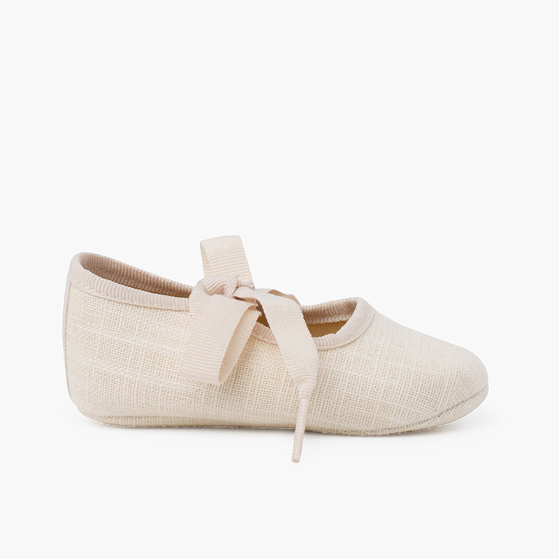 Baby-Mary-Janes aus Leinen mit Faltenbinde Beige