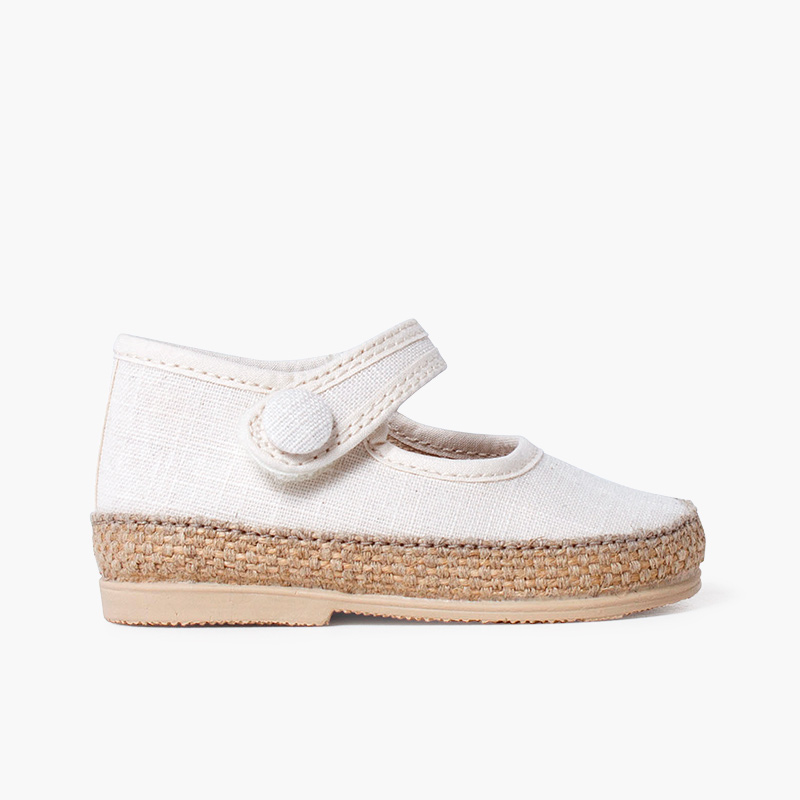 Baby-Mary-Janes aus Leinen und Jute mit Knopfdetail Weiß