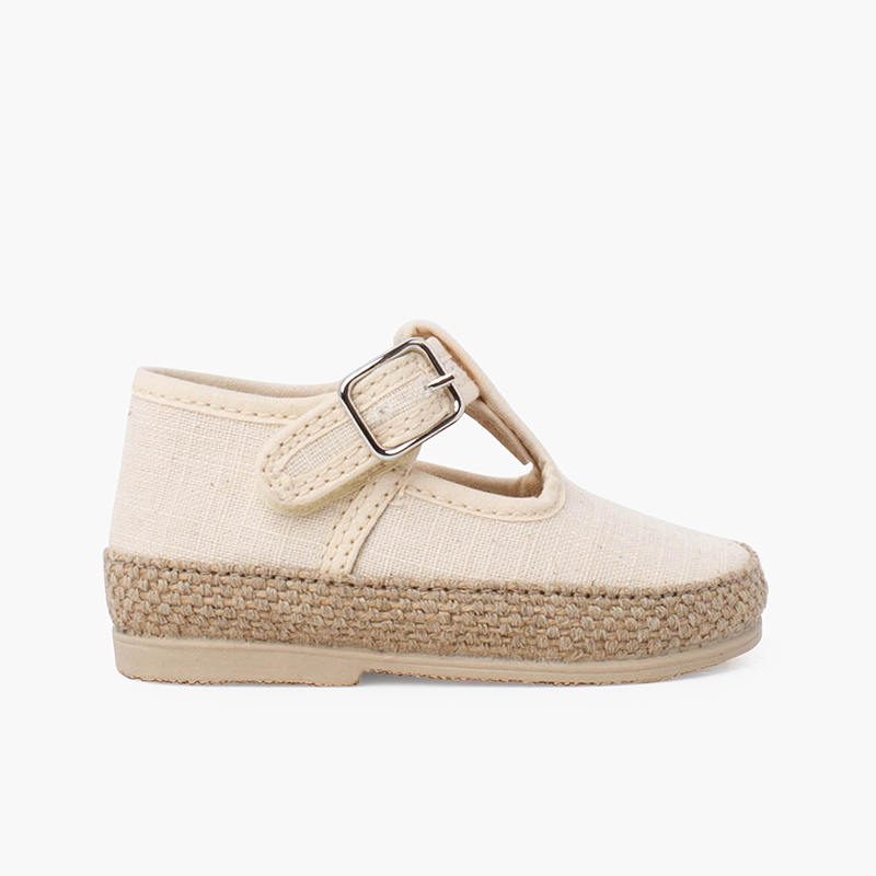 Baby-Schuhe aus Leinen und Jute mit Schnalle Roh