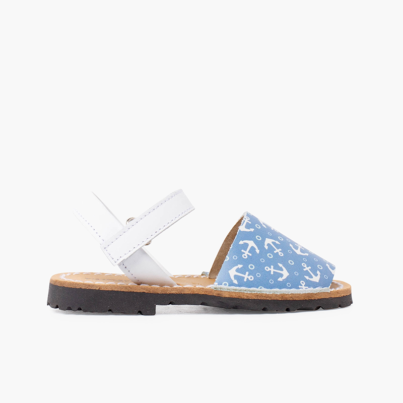 Bicolor Menorquinas-Sandalen mit Anker-Muster für Kinder und Klettverschluss Weiß und Jeansblau