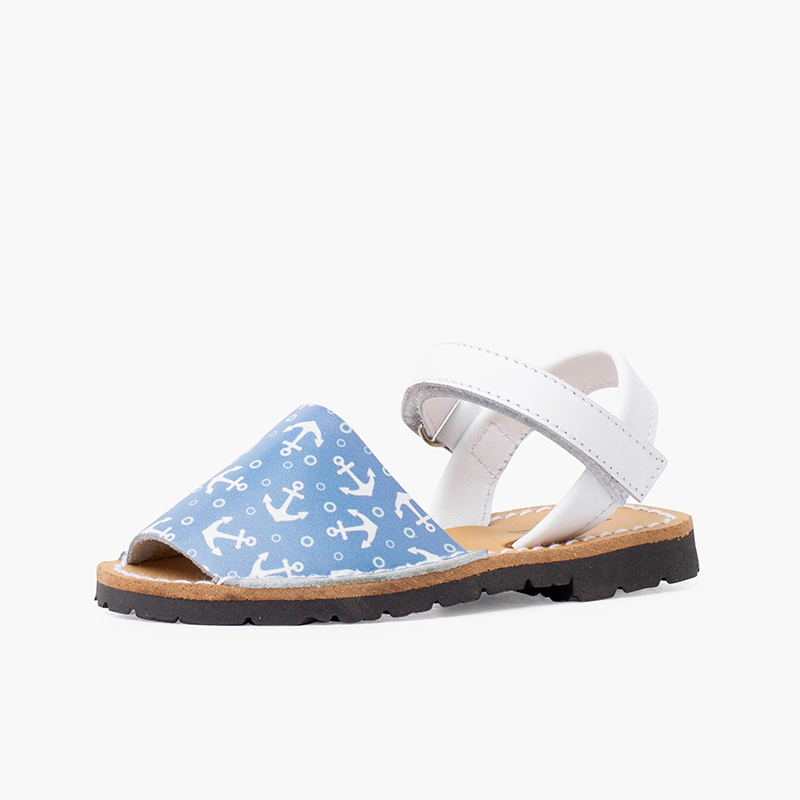 Bicolor Menorquinas-Sandalen mit Anker-Muster für Kinder und Klettverschluss Weiß und Jeansblau