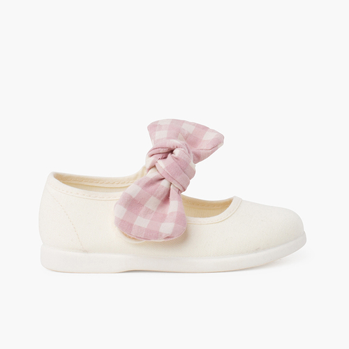 Mary Janes mit Schleife im Karomuster und Klettverschluss Pastellrosa