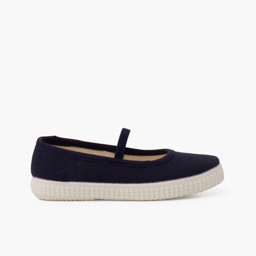 Ballerinas aus Öko-Leinen mit elastischem Band und Tennissohle Marineblau