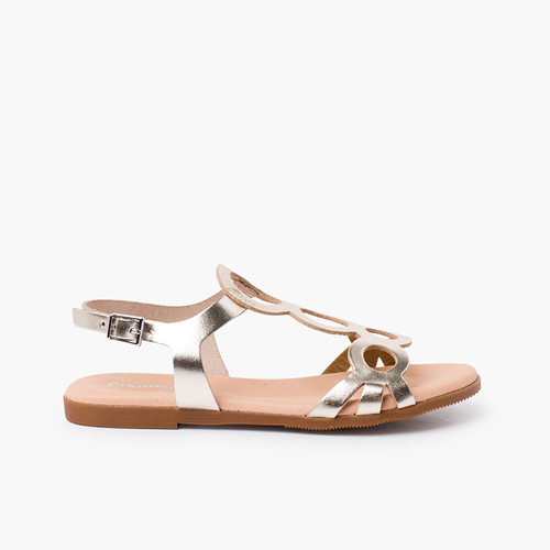 Ledersandalen mit Kreisen und Schnallenverschluss Gold