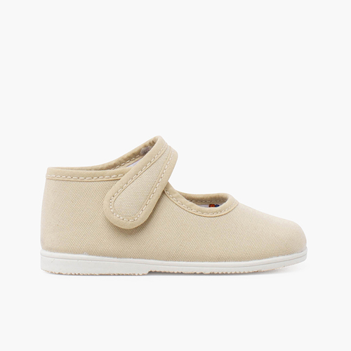 Mary-Janes aus Leinen mit dünner Sohle und Klettverschluss Beige