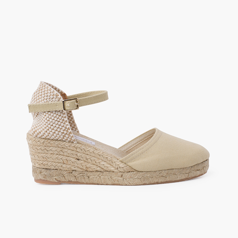 Espadrilles für Damen mit hoher Keilsohle und Schnalle Beige