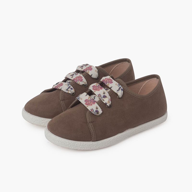 Sneakers mit Schnürsenkeln und Blumen aus Serratex Mausgrau