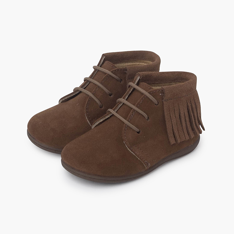 Stiefel mit Fransen und Schnürsenkeln für erste Schritte Mausgrau