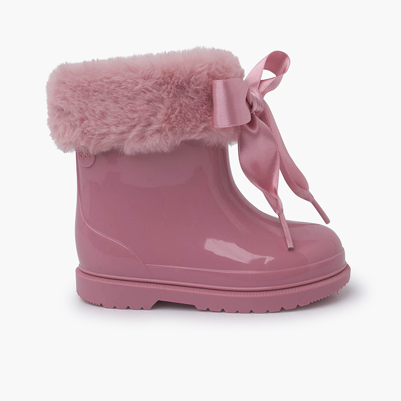 Niedrige Regenstiefel mit Flauscheinsatz und Satinschleife Rosa