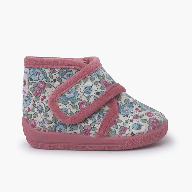 Hausschuh-Stiefeletten mit Liberty-Blumenmuster und Klettverschluss Rosa