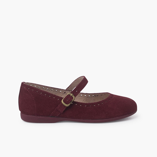 Mary Janes aus Wildleder mit feiner Schnalle und Perforierungen Bordeaux