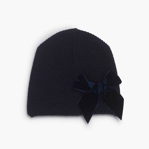 Mütze aus Strick mit Samtschleife Marineblau