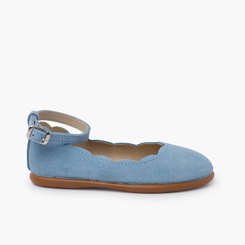 Wildleder-Ballerinas mit Riemchen und Wellenmuster Blau