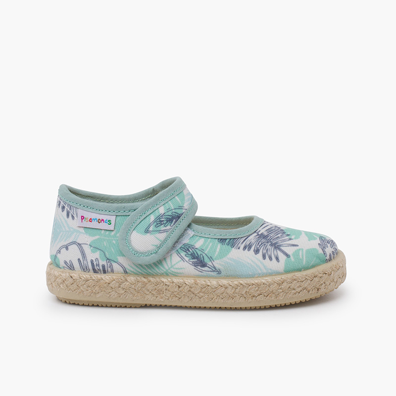 Mary Janes mit Espadrillesohle und Zweigen-Design Aquamarin