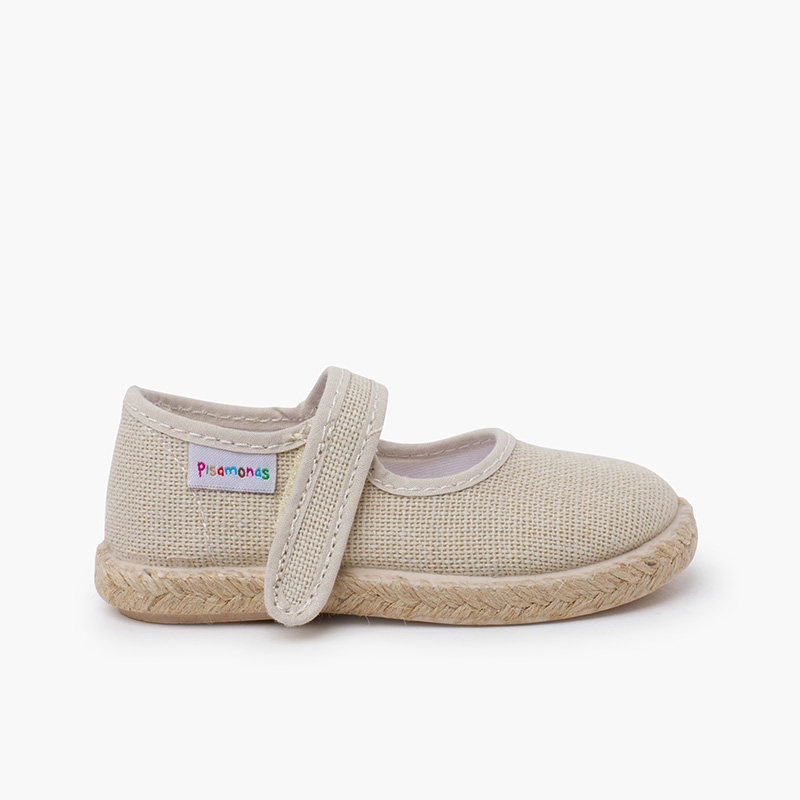 Leinen-Mary Janes mit Espadrillesohle und Klettverschluss Beige
