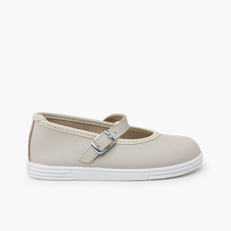 Waschbare Leder-Mary Janes mit Schnalle Beige