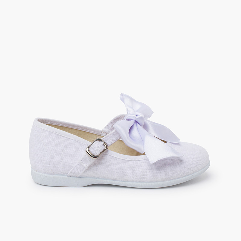Leinen-Mary Janes für festliche Anlässe mit Satinschleife Weiß