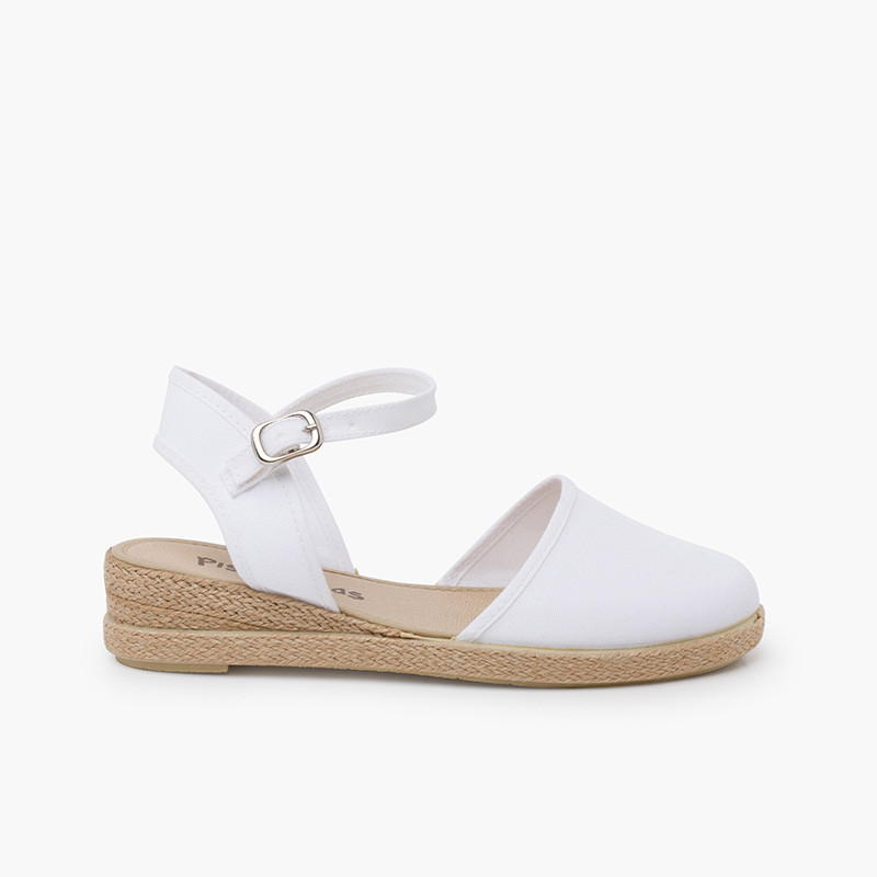 Espadrilles mit Keilabsatz Riemenverschluss und Schnalle Weiß