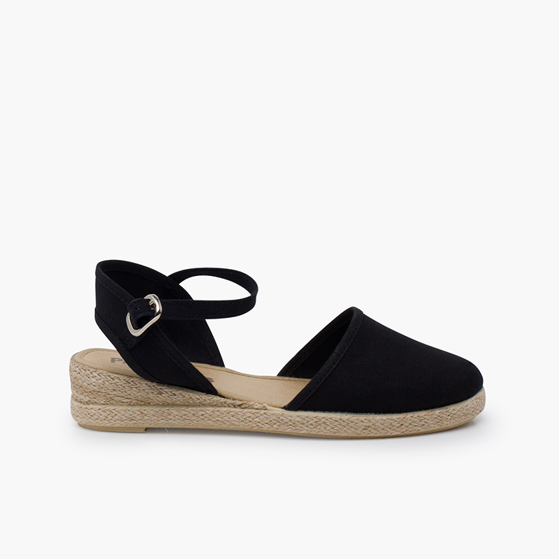 Espadrilles mit Keilabsatz Riemenverschluss und Schnalle Schwarz