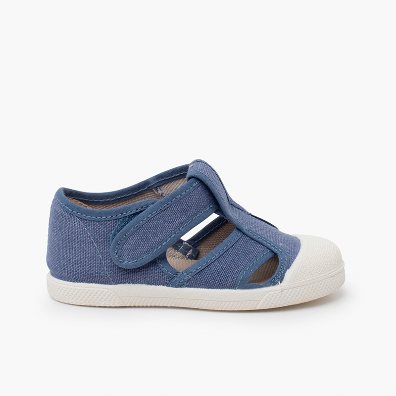 Kindersandalen aus Öko-Leinwand mit Gummispitze Jeansblau