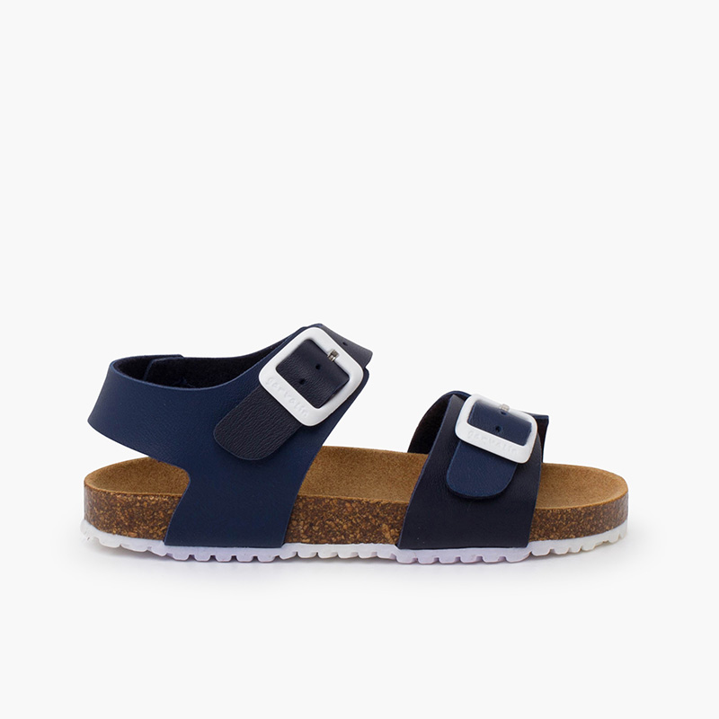 Bio-Sandalen für Kinder mit Schnallen und weißer Sohle Marineblau