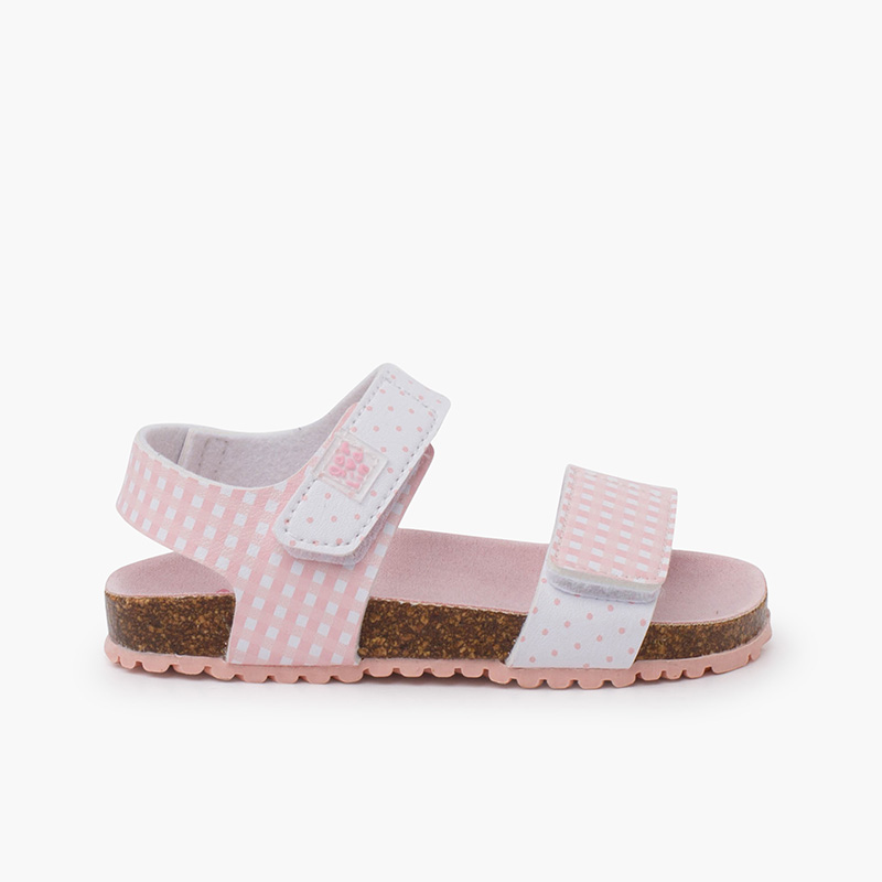 Bio-Sandalen für Mädchen mit Karomuster Rosa
