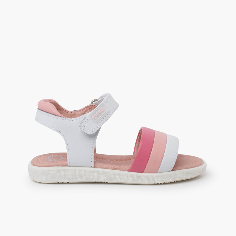 Mädchensandalen aus Leder mit dreifarbigen Bändern Rosa