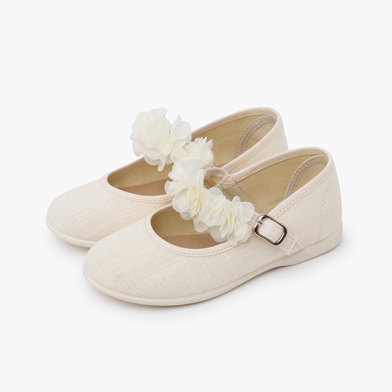 Festliche Mary Janes mit Blumenband Beige