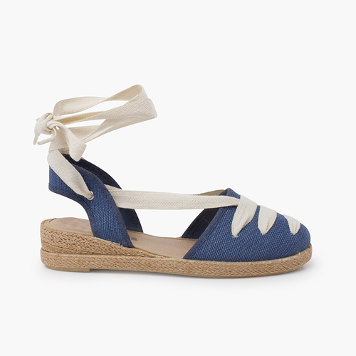 Leinen-Espadrilles im Goyesca-Stil mit Rohband und Keilabsatz Französisch Blau