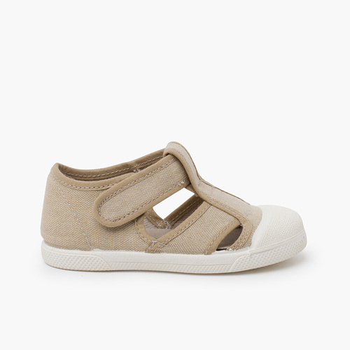 Kindersandalen aus Öko-Leinwand mit Gummispitze Beige