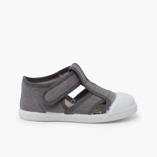 Kindersandalen aus Öko-Leinwand mit Gummispitze Grau