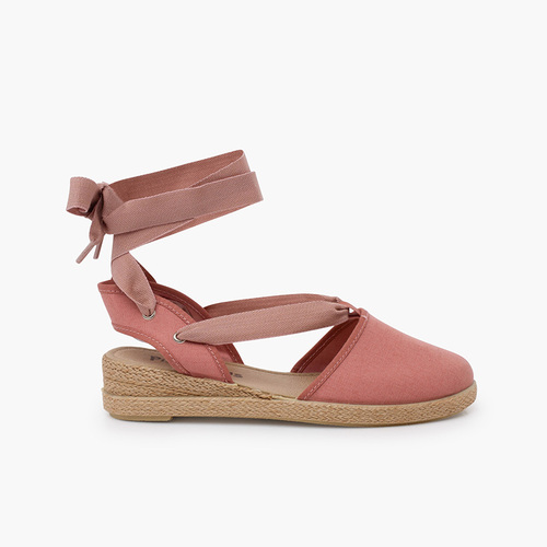 Espadrilles mit Keilabsatz und Piquébändern Altrosa