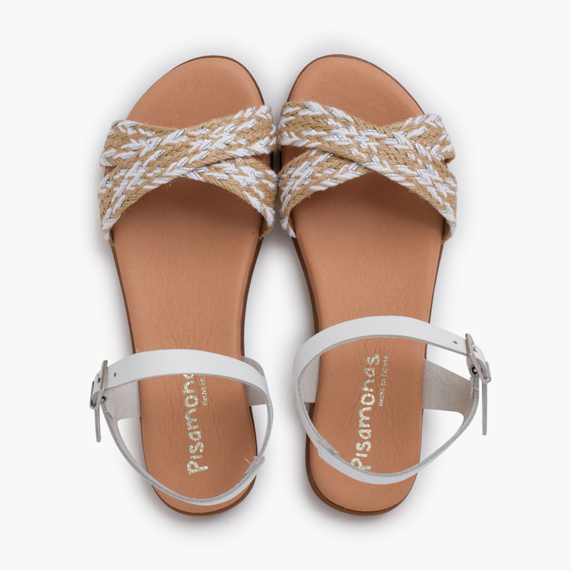 Sandalen mit Schnalle gekreuztem Riemen und Jute Bicolor Weiß